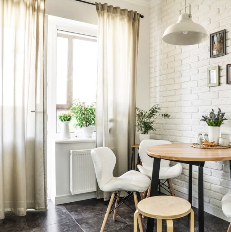 Room with paneling, a plant, and a window with curtains