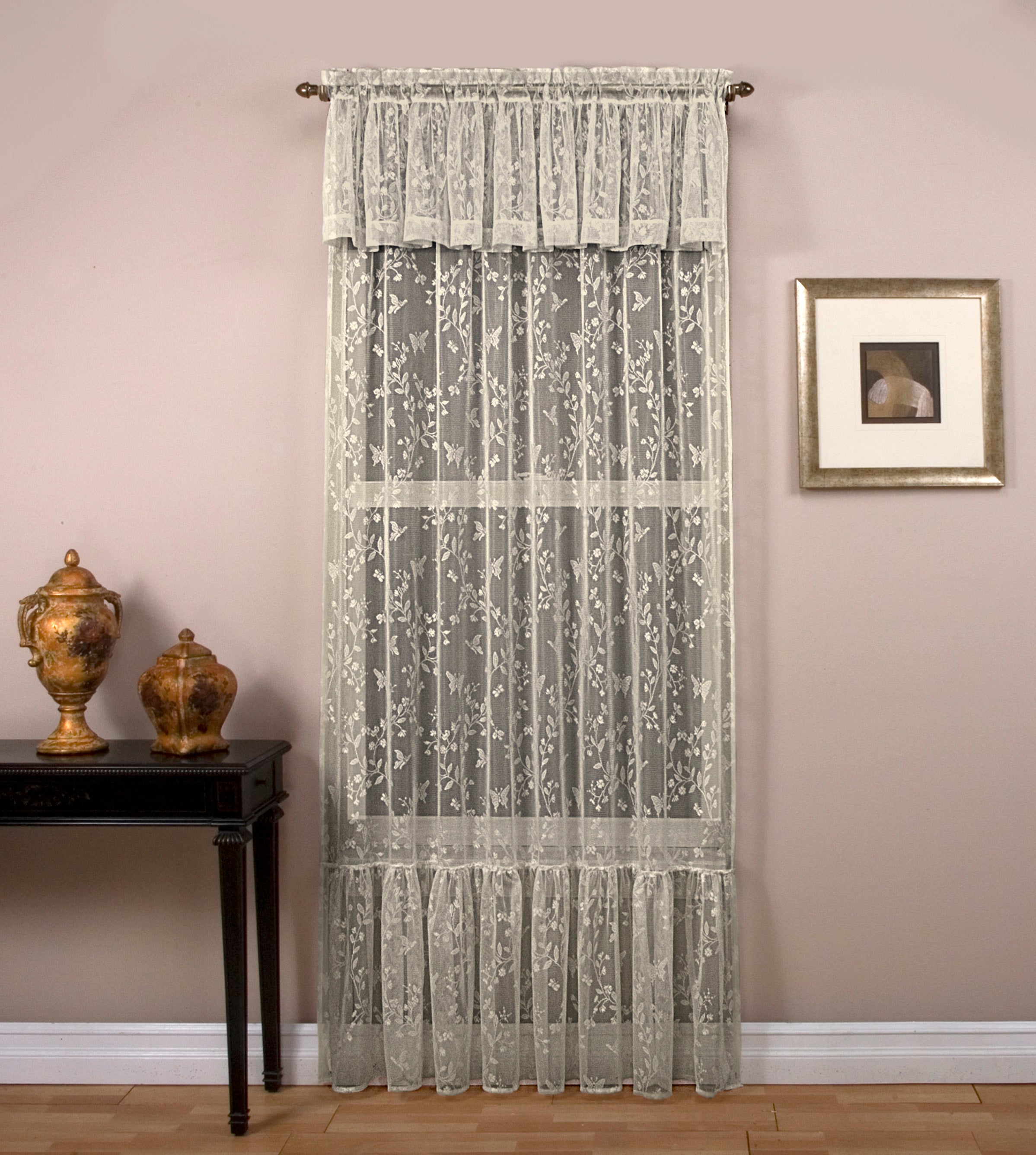 Isabella Lace Rod Pocket Panel w/18" Ruffle & Tie Back