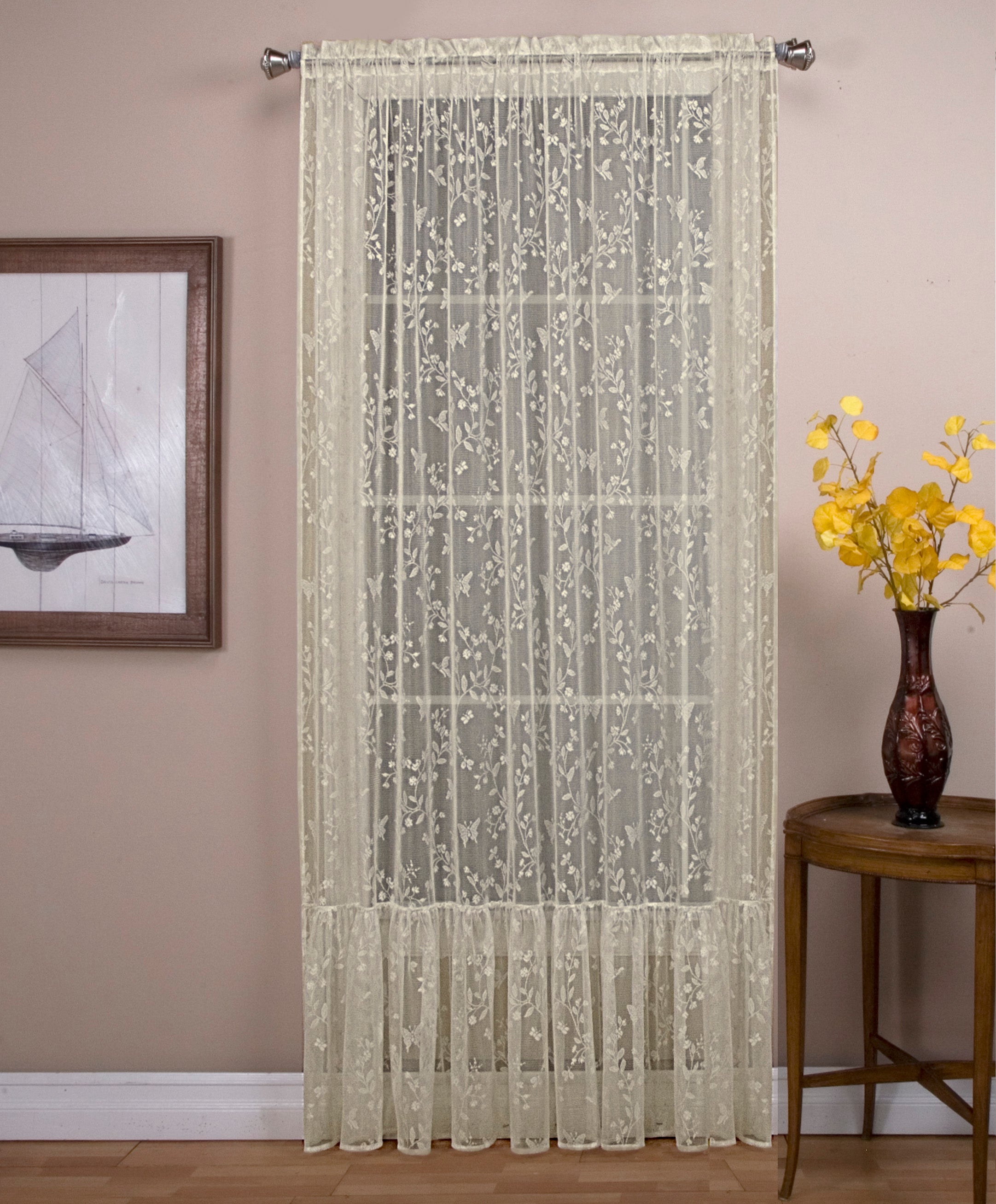 Isabella Lace Rod Pocket Panel w/18" Ruffle & Tie Back